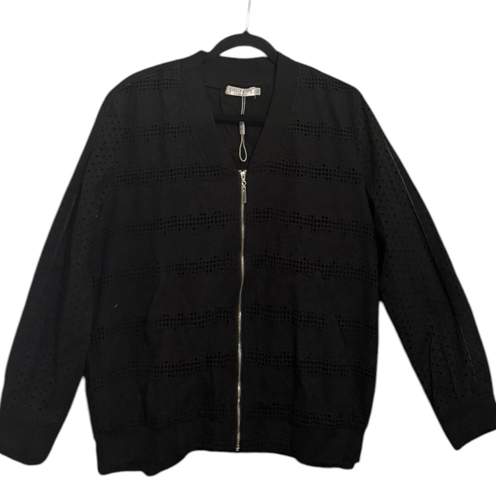 NWOT Solitaire by Ravi Khosla Black Eyelet Cotton Bomber Jacket Women Large